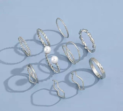 10 Pcs Silver Plated Rings Set Western Korean Style
