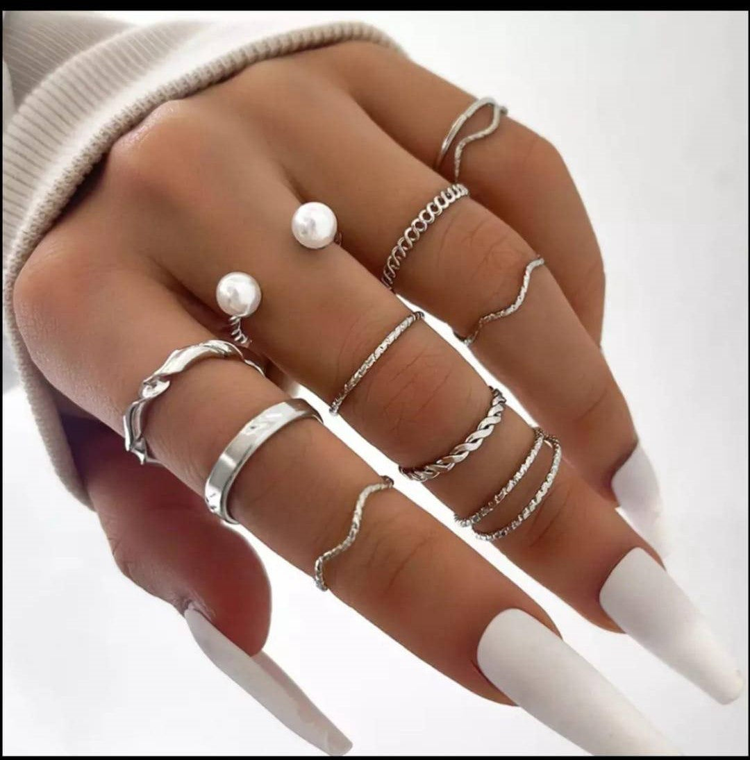 10 Pcs Silver Plated Rings Set Western Korean Style