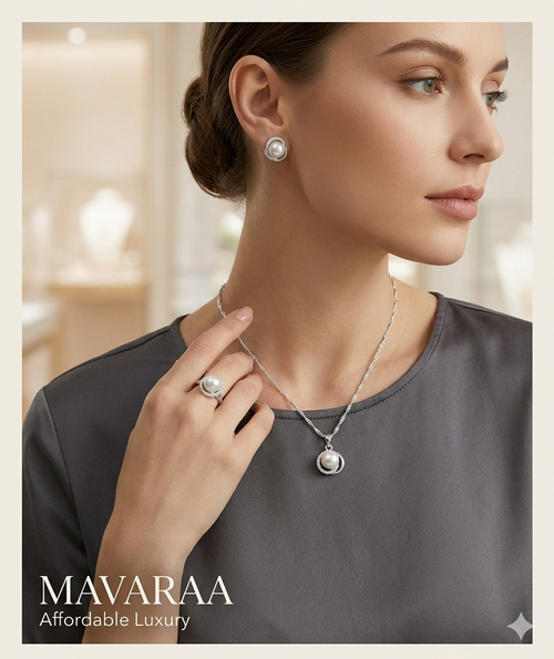 3 Pcs Silver Pearl Necklace Ring Earrings Set for Women